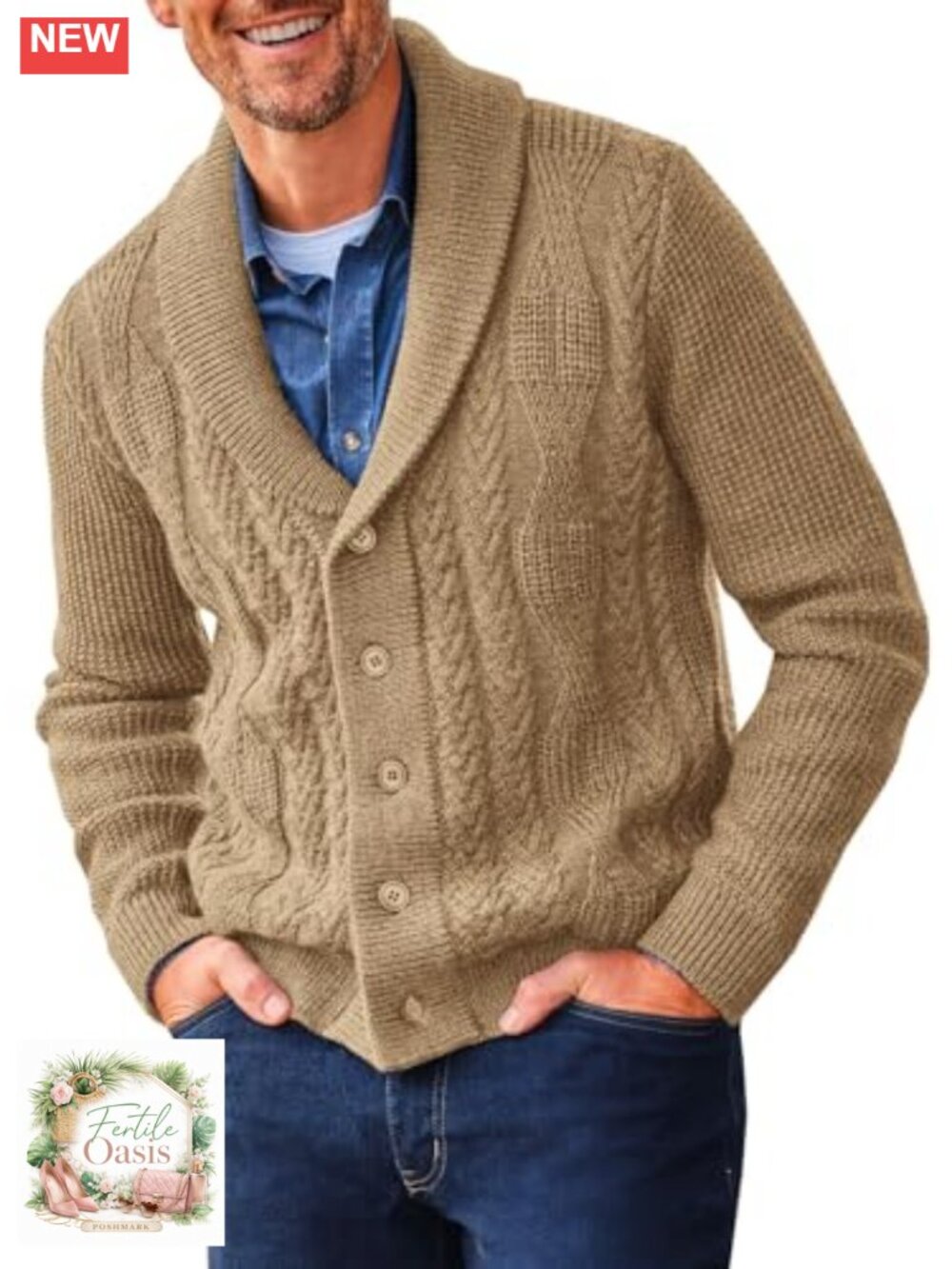 Men's Shawl Collar Cable Knit Cardigan Sweater Button Up Long Sleeve Winter